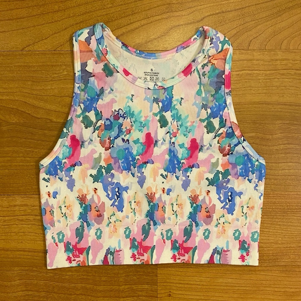Floral Ribbed Athletic Crop Tank Top- Pastel